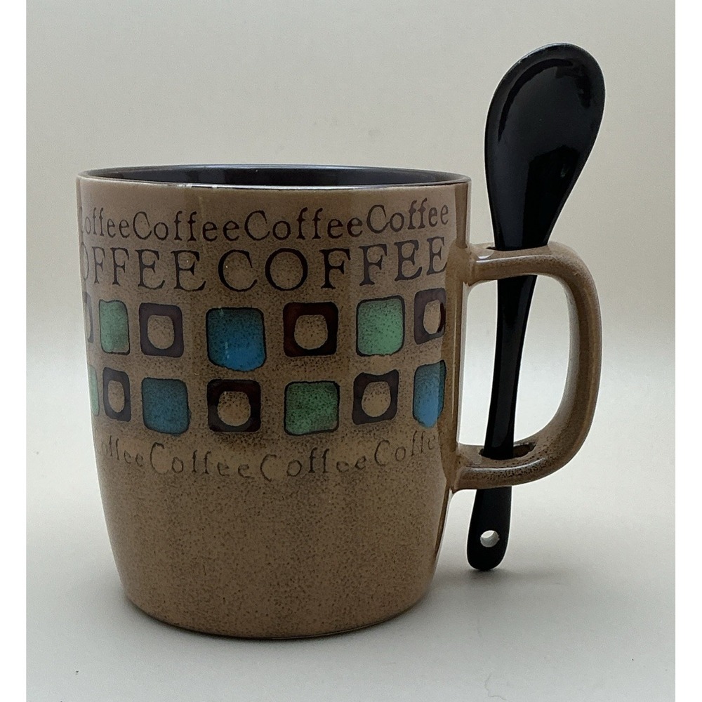 Mr Coffee Cafe Americano Stoneware Mug w/Spoon 13oz Brown Teal Flawless